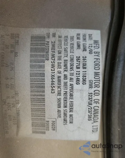 2001 Mercury Grand Marquis Ls z USA, uszkodzony, nr VIN 2MEFM75W31X646543